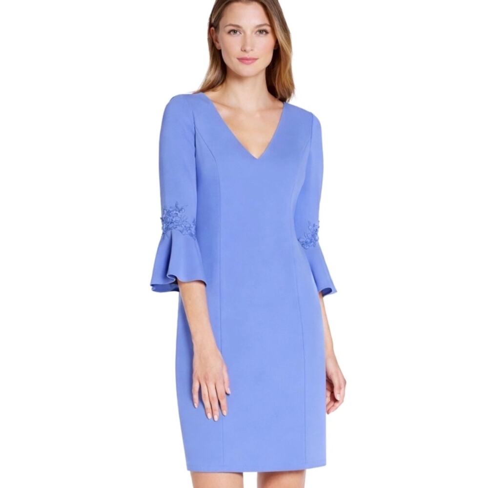 Adrianna Papell Lace Crepe Bell Sheath Dress Misty Periwinkle Sz 18W Office NWT